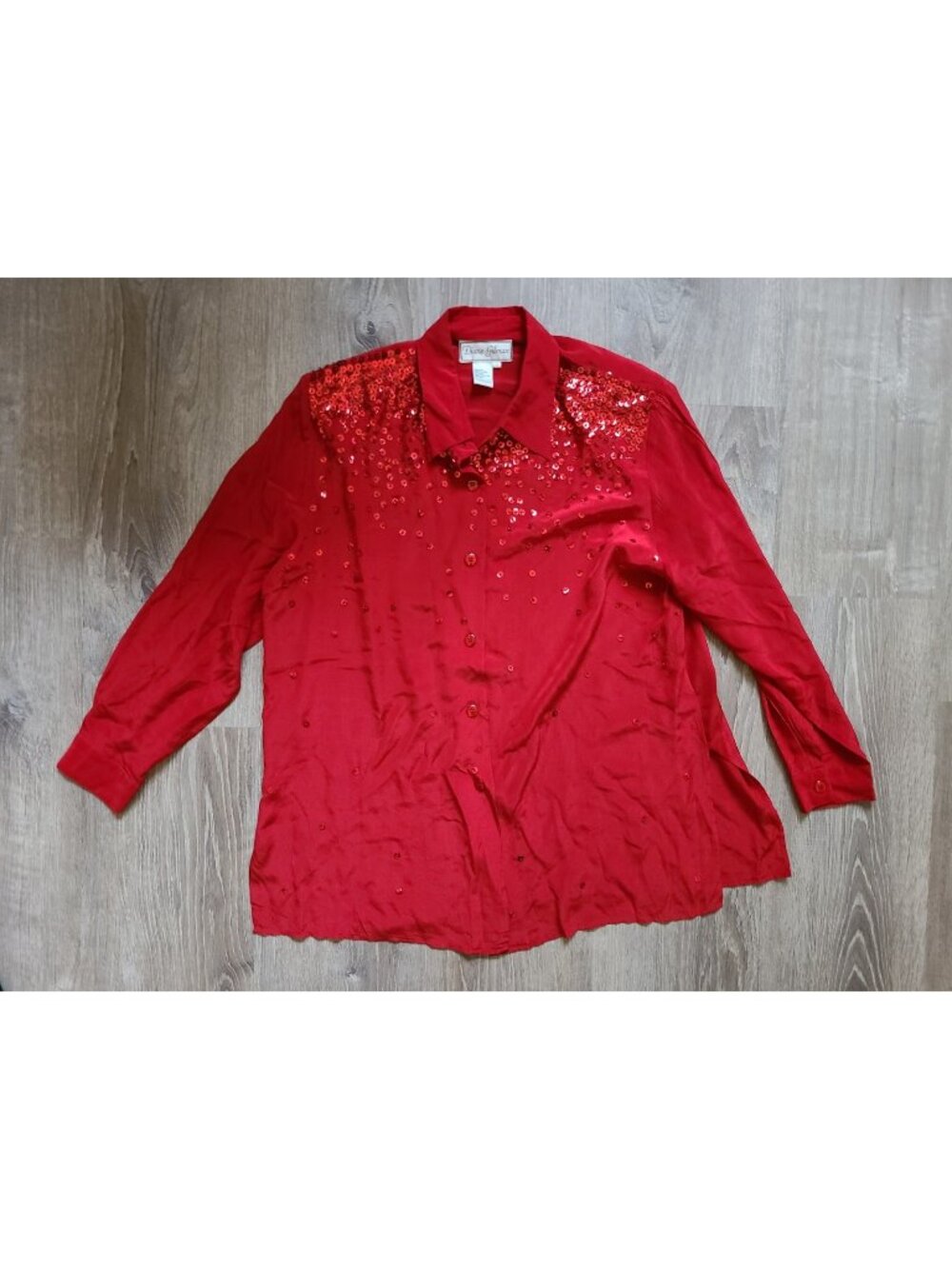 Vtg Diane Gilman Women Plus 1X 100% Silk Blouse Button Up Bead Sequins Red Sheer